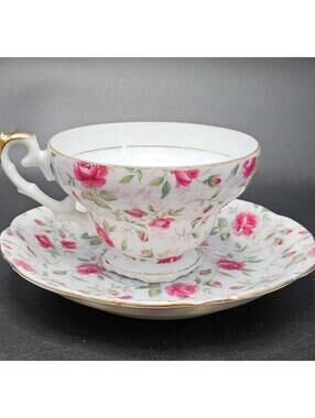 Lefton China 662R Moss Rose Tea Cup Saucer Set Hand Painted Pink Rose Gold Trim